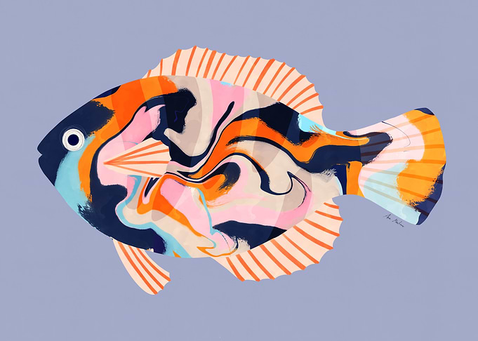 Colorful Abstract Fish Illustration on Blue