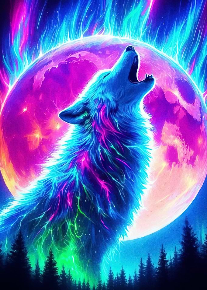 Neon Wolf Howling Moon