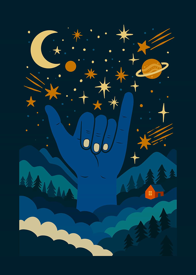 Cosmic Hand Shaka Landscape Illustration
