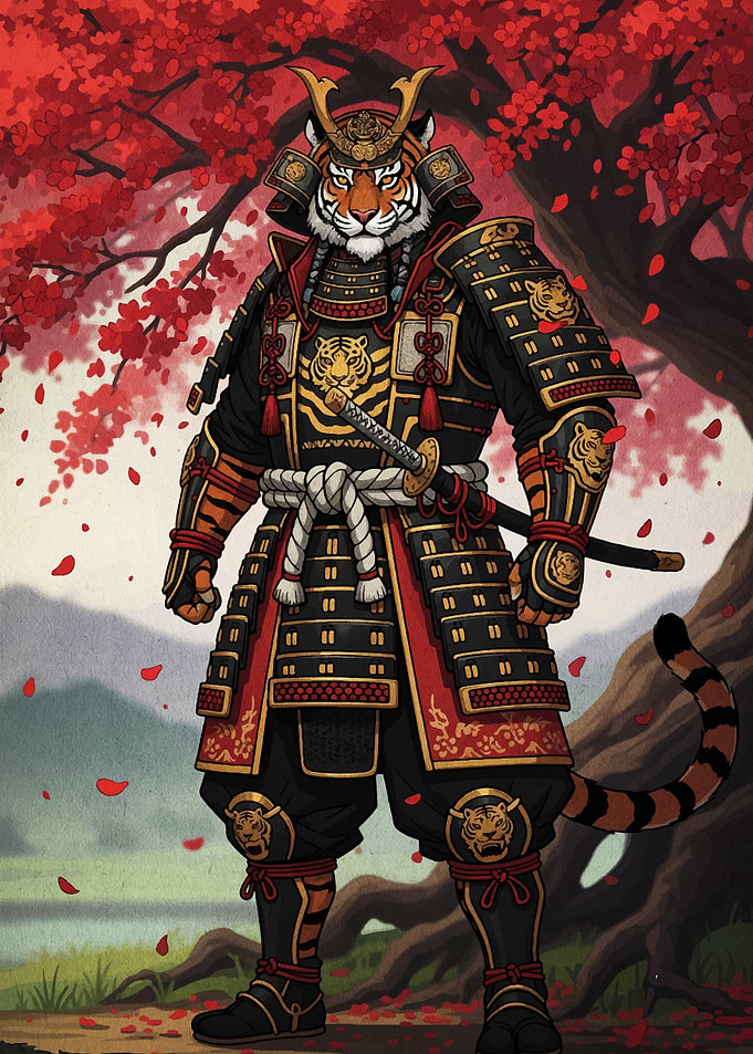 Samurai Tiger Warrior in Autumn Landscape