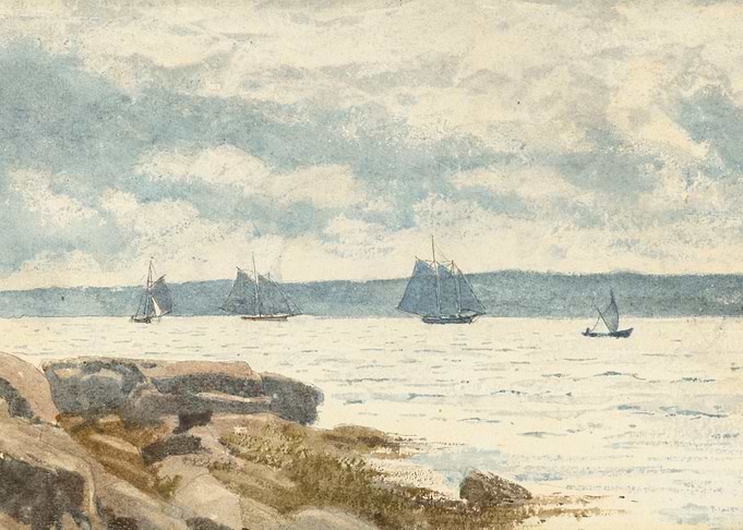 Watercolor Seascape with Sailboats and Rocks