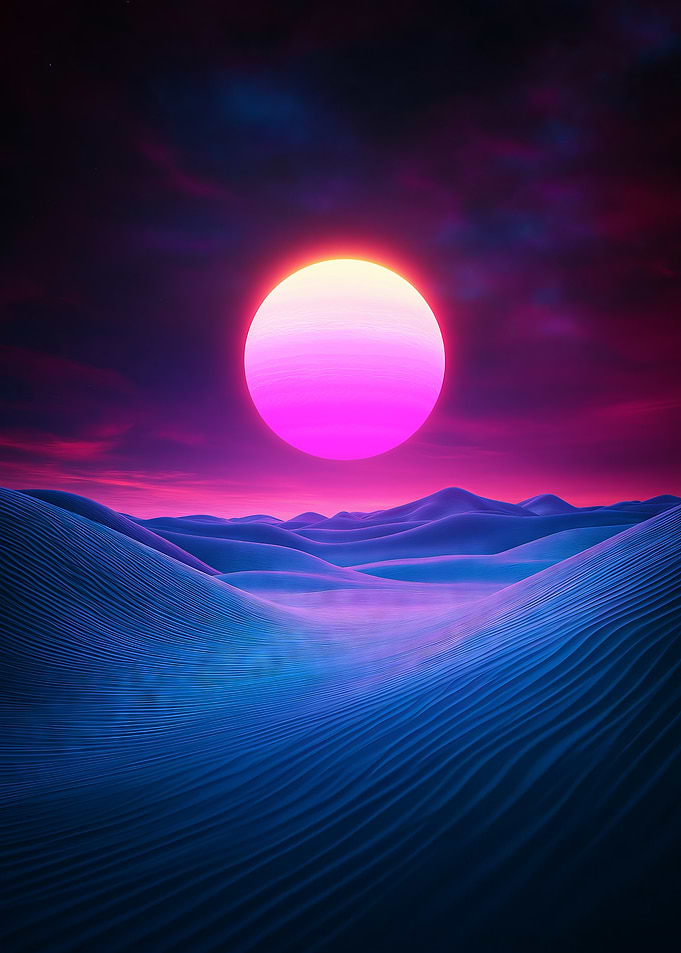 A surreal glowing desert with vibrant energy dunes