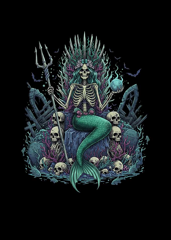 Skeleton Mermaid Queen on Throne