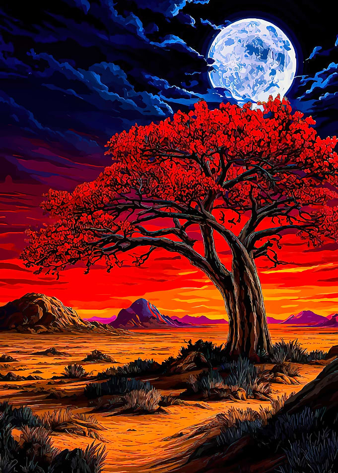 Red Tree Under Moonlight Landscape Painting