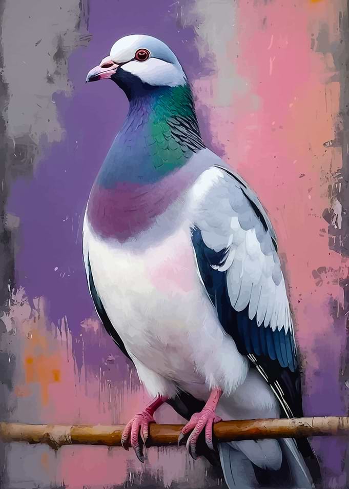 Pigeon Perched on Branch, Colorful Background