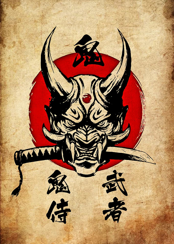 Oni Mask with Katana and Kanji
