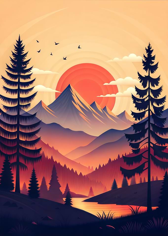 Mountains at Sunset Landscape with Pine Trees Nature