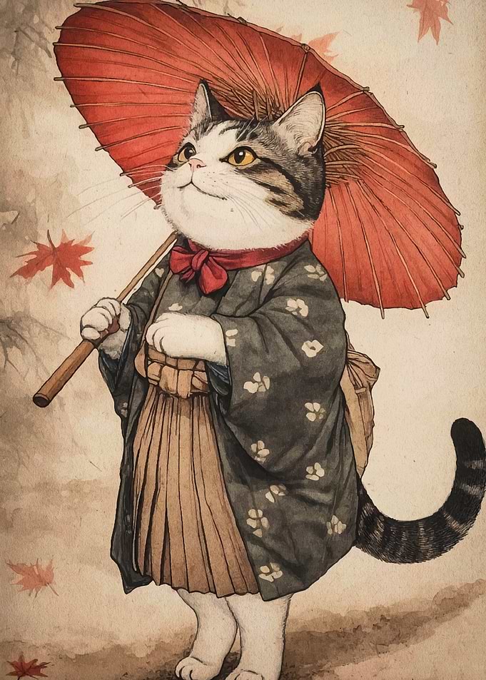 Cat in Kimono with Umbrella