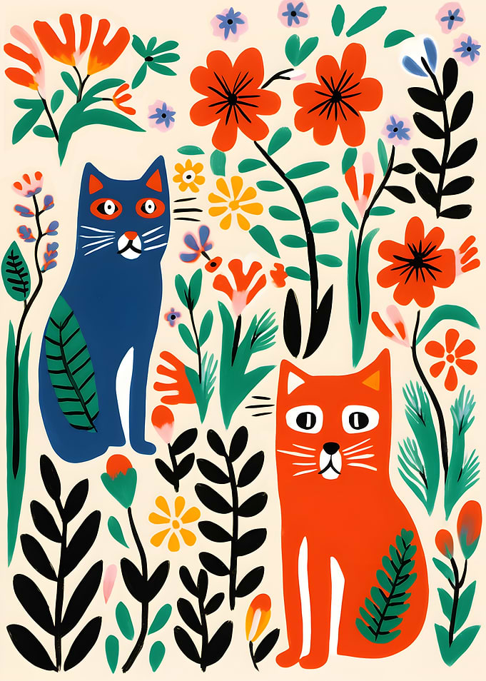 Cats and Flowers Colorful Illustration