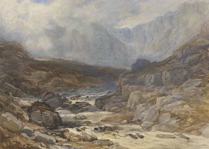 Watercolor Mountain Landscape with River