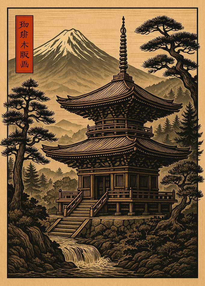 Japanese Pagoda with Mountain View