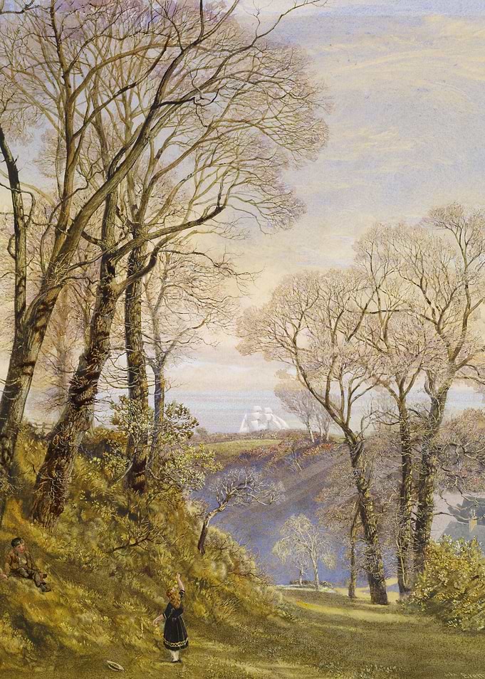 Watercolor Landscape with Figures and Trees