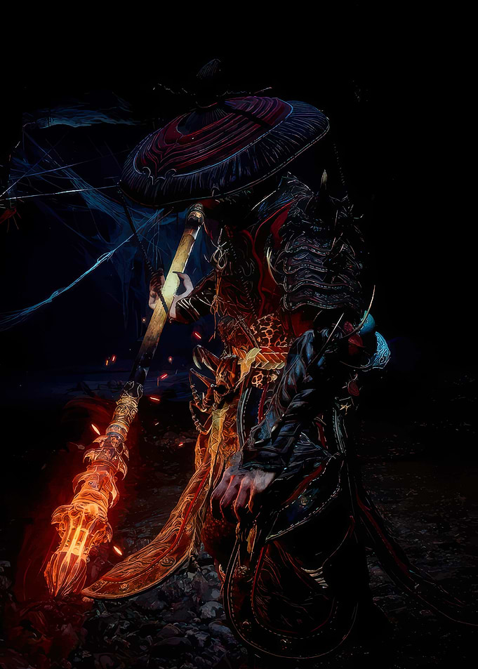 Warrior with Flaming Weapon in Darkness