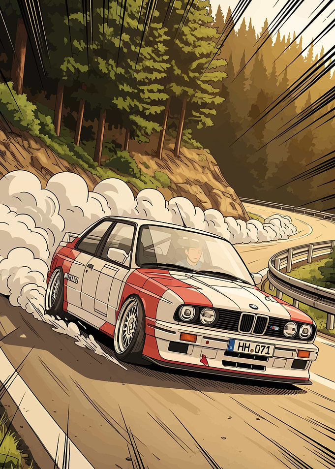 BMW E30 drifting on mountain road