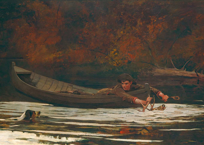 Man in Boat with Deer Antlers