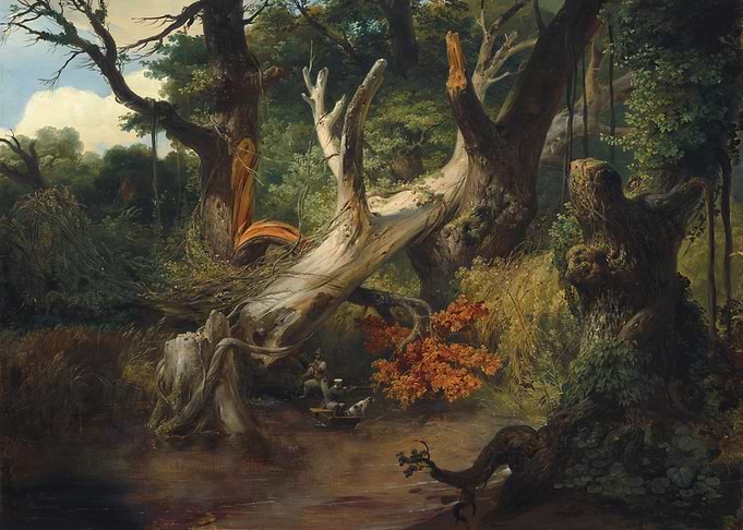 Swamp Scene with Figures in Boat