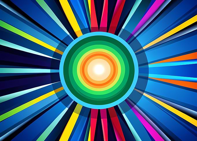 Prismatic Sunburst Mandala with Concentric Rings and a Luminous Central Orb
