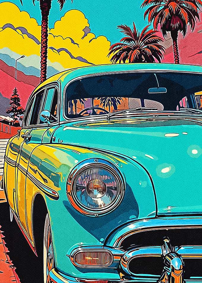 Vintage Car in a Sunny Landscape