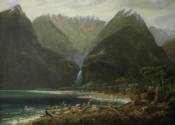 Mountainous Landscape with Waterfall and Lake