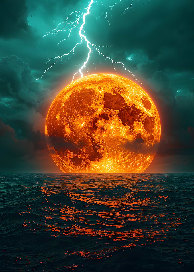 Fiery Moon Over Ocean with Lightning