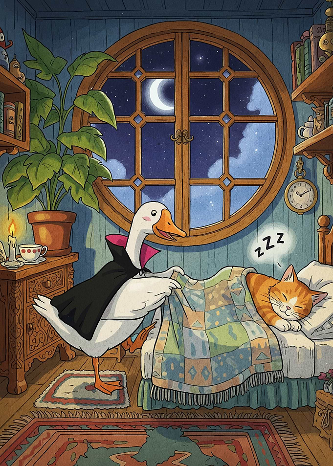 Goose Tucking Cat In Bed