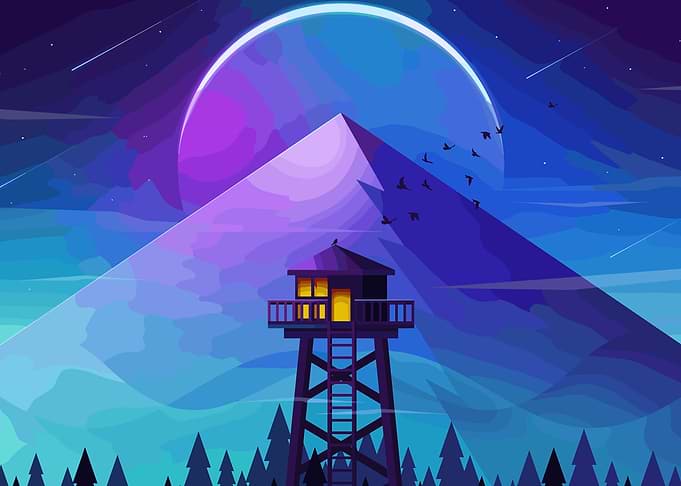 Night Watchtower Landscape with Mountain and Moon