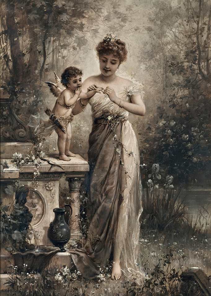 Cupid and Woman in Garden Painting