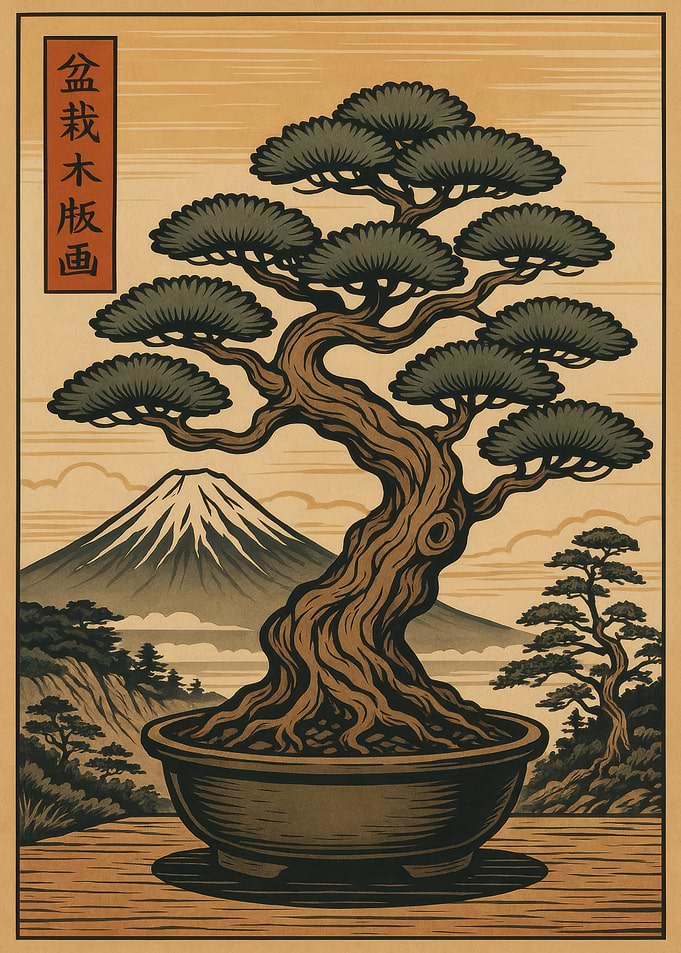 Bonsai Tree with Mountain Landscape Art