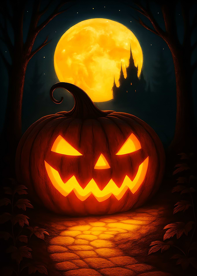 Halloween Pumpkin with Castle and Moon