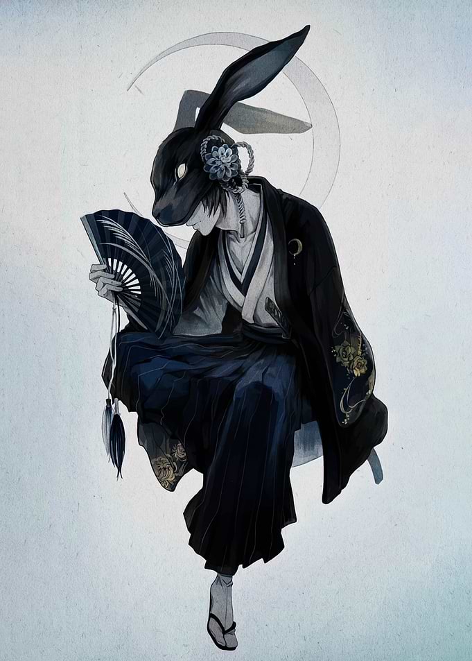 Rabbit Masked Figure with Fan