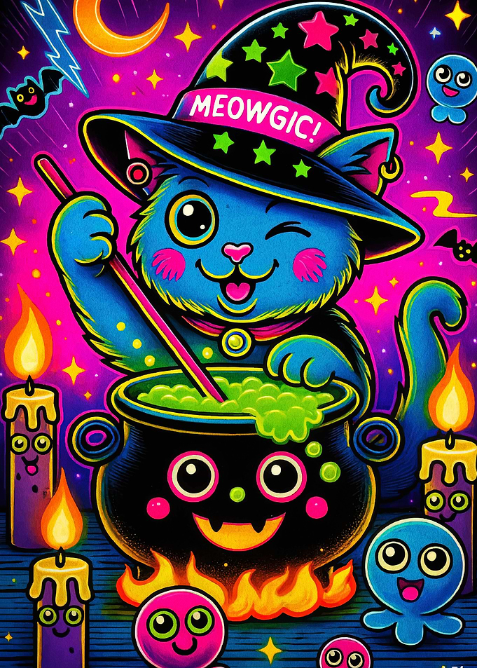 Meowgic Cat Witch Halloween Illustration