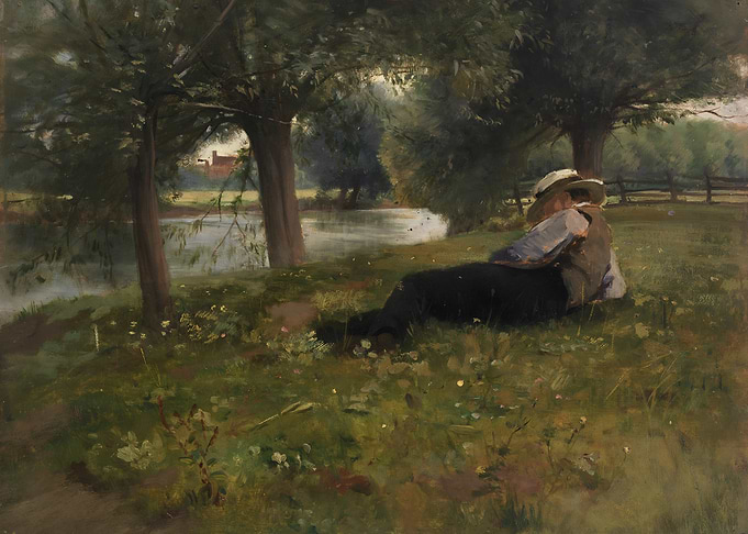 Woman Resting by River Painting