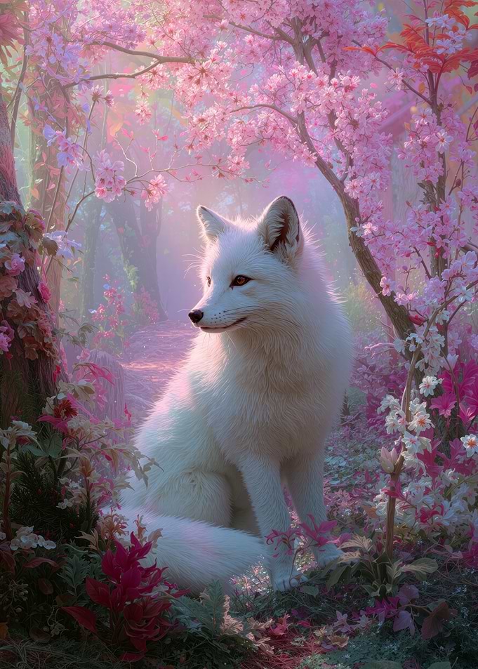White Fox in Cherry Blossom Forest
