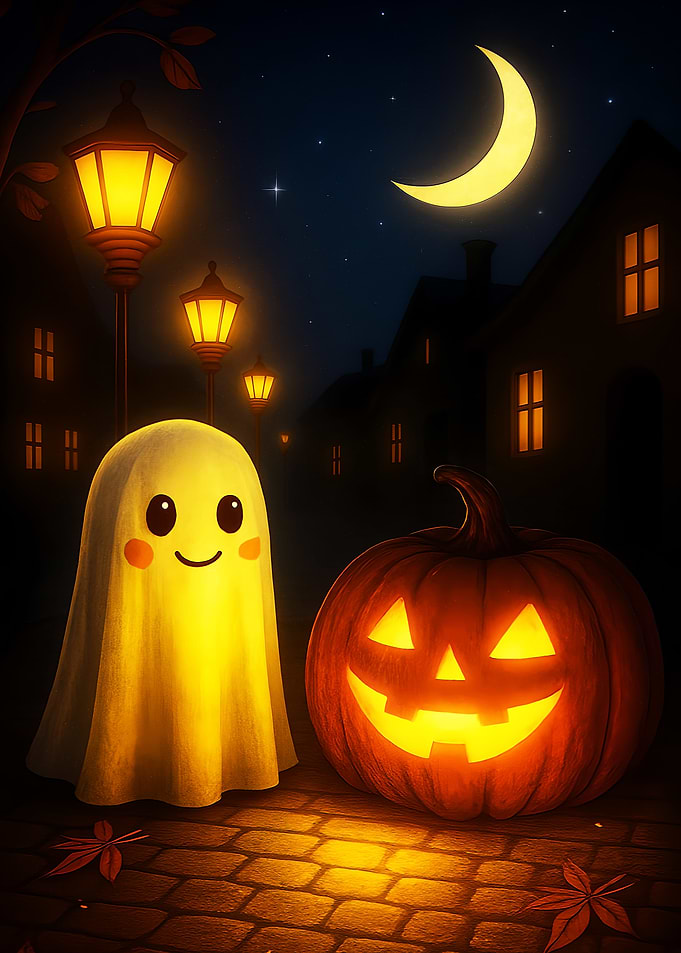 Halloween Night with Ghost and Pumpkin