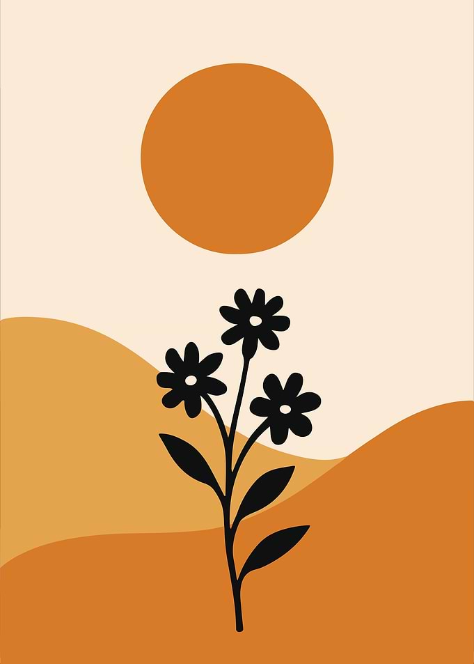 Minimalist Floral Landscape with Sun