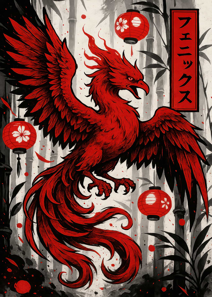Red Phoenix with Japanese Lanterns