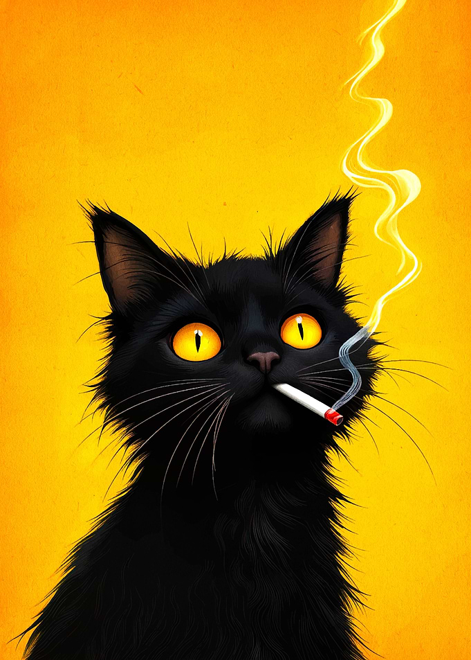 Smoking Black Cat on Yellow Background