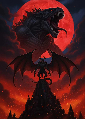 Dragon and Demon Under Red Moon
