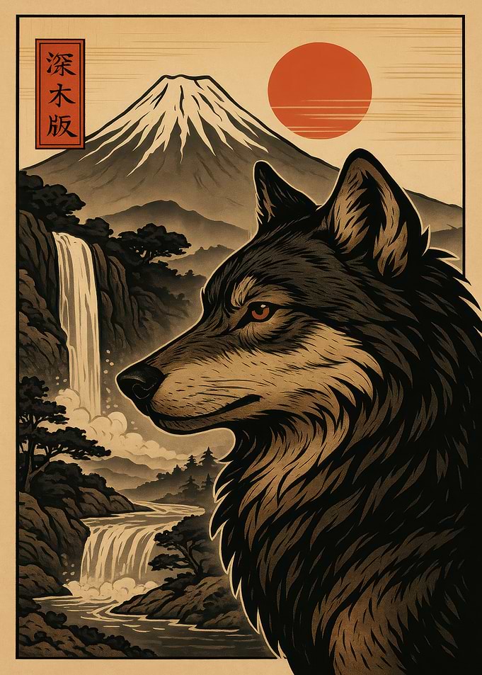 Wolf and Mount Fuji Japanese Art