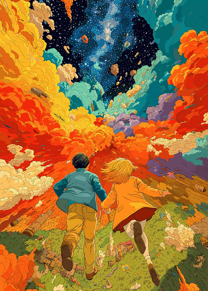 Children Running Towards a Colorful Sky