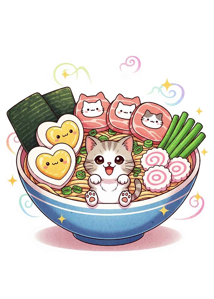 Cute Cat in Ramen Bowl Illustration
