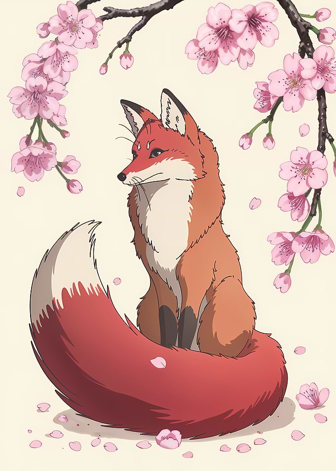 Fox and Cherry Blossoms Illustration