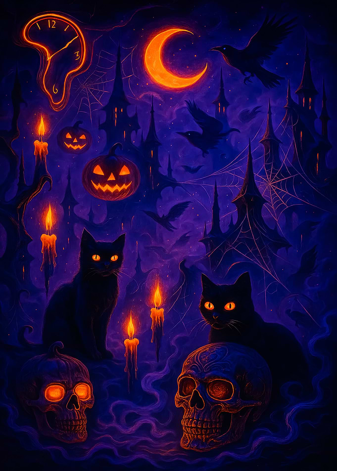 Halloween Night with Cats and Skulls