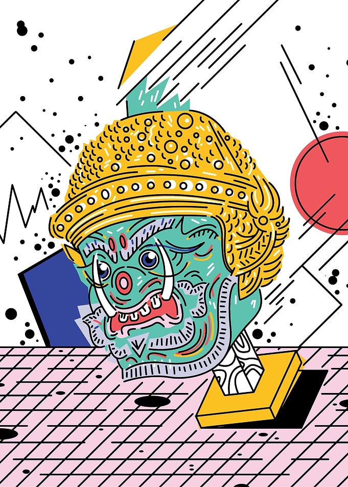 Colorful Thai Demon Head Illustration