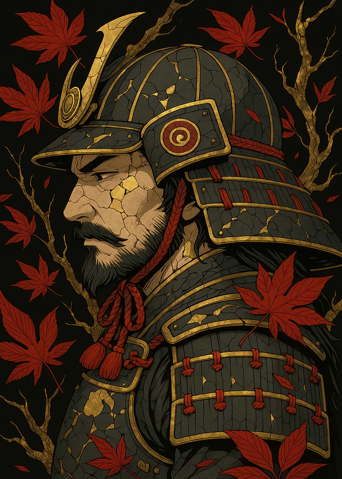 Samurai Warrior in Armor with Maple Leaves