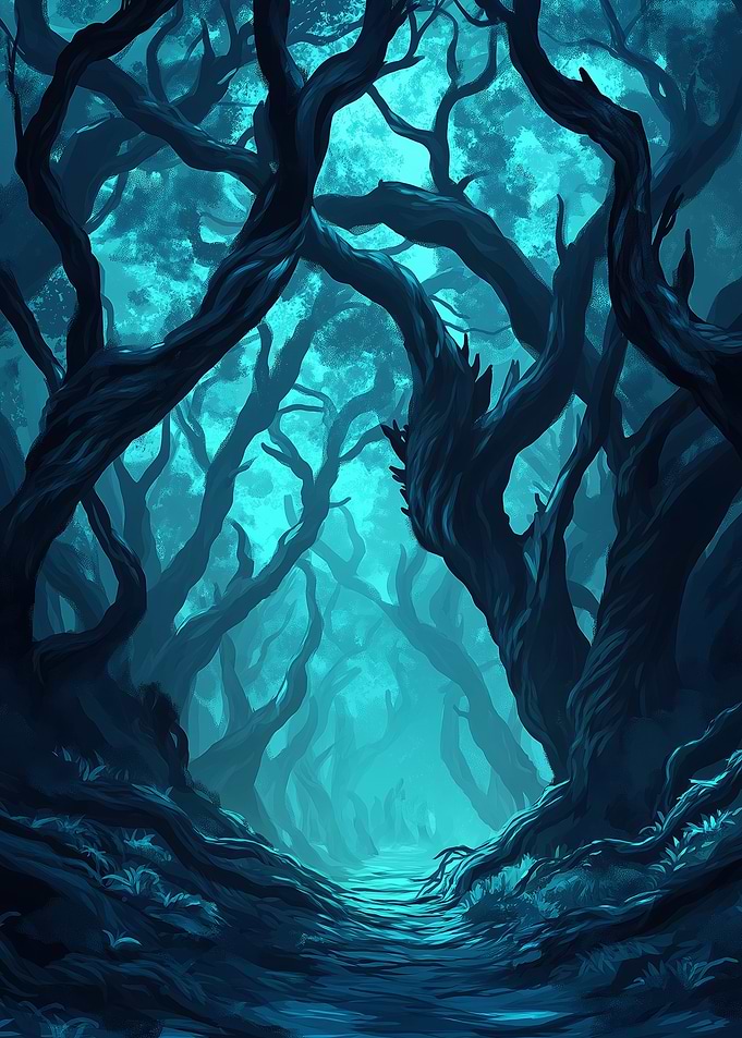 A dark forest with towering trees and a path