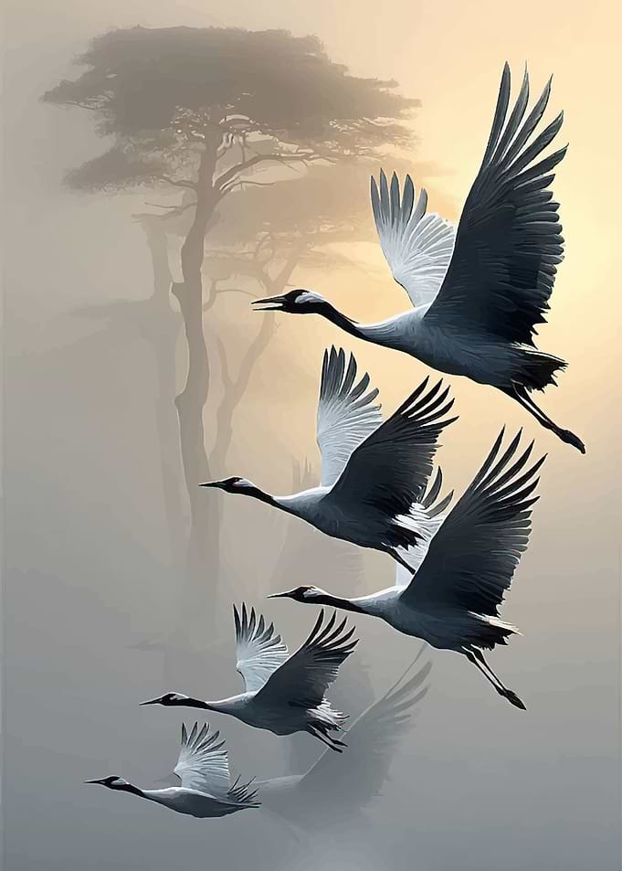 Cranes in Flight over Misty Landscape