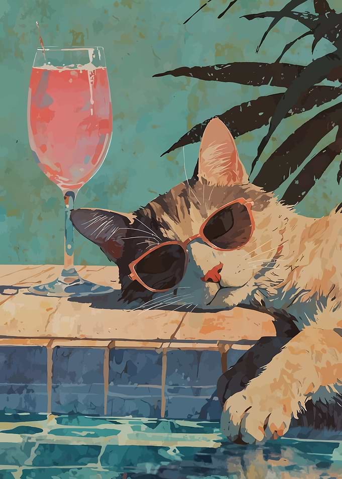 Cat with Sunglasses by the Pool