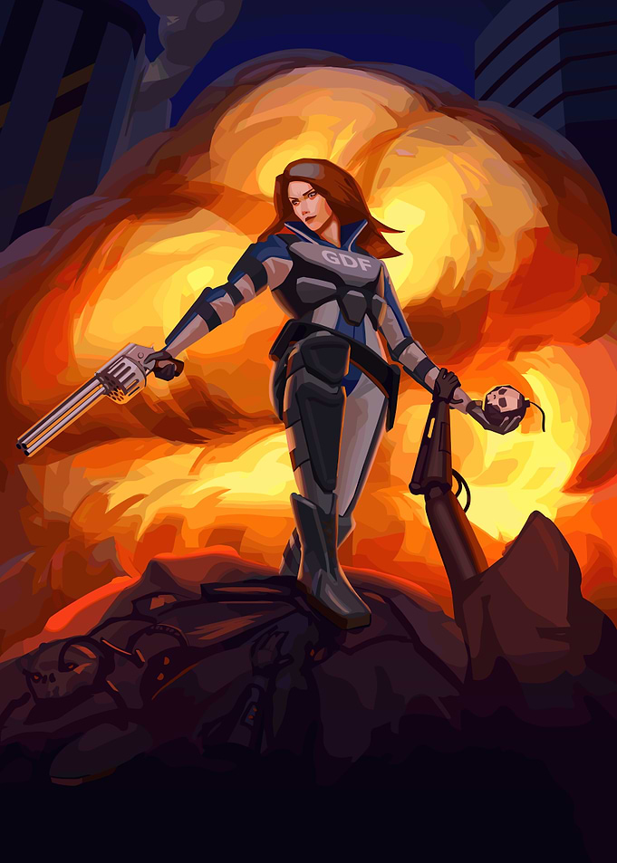 Female Soldier with Explosion Background