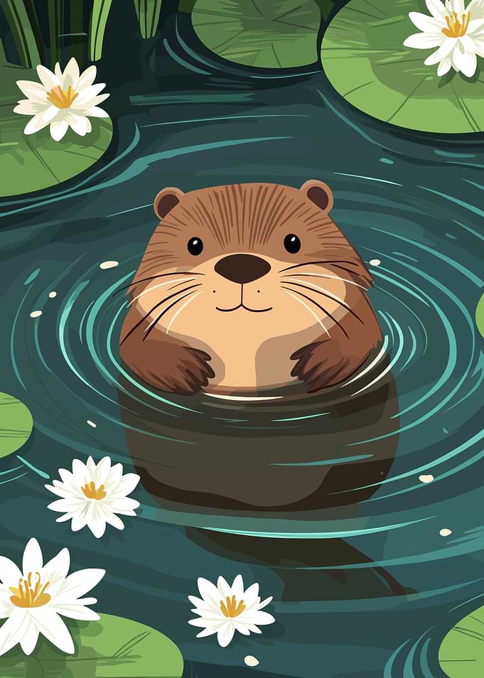 Cartoon Otter Swimming in Lily Pond